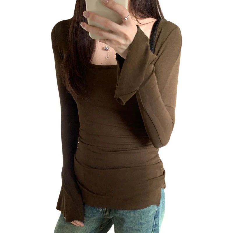 y2k Tops for Women Aesthetic Clothing Solid Color Round Neck Flared Long Sleeve T Shirts 2000s Clothes Streetwear