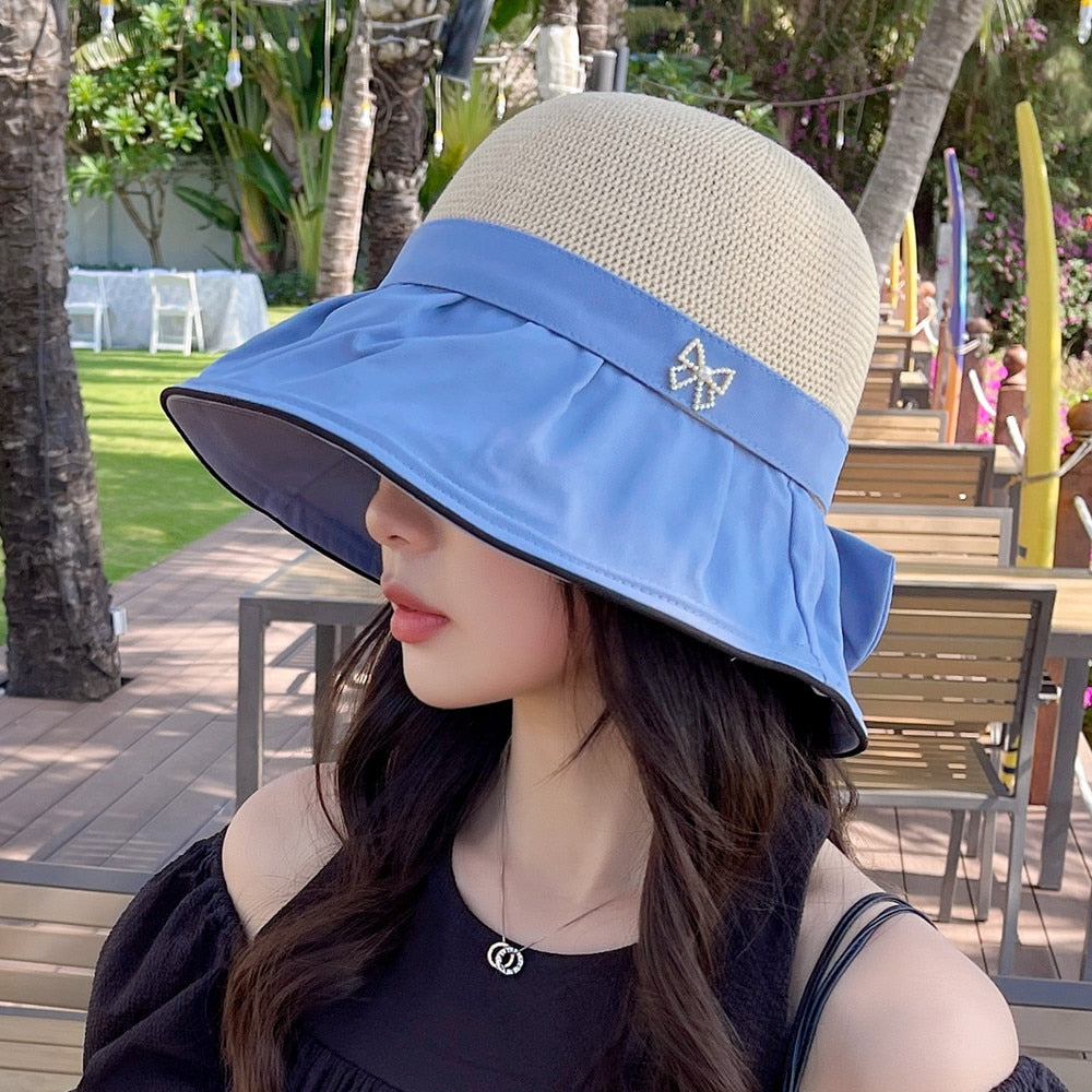 Women's Summer Sun Hat Fashion Hollow Bow Design Sun Cap Female Travel Beach Bucket Hat
