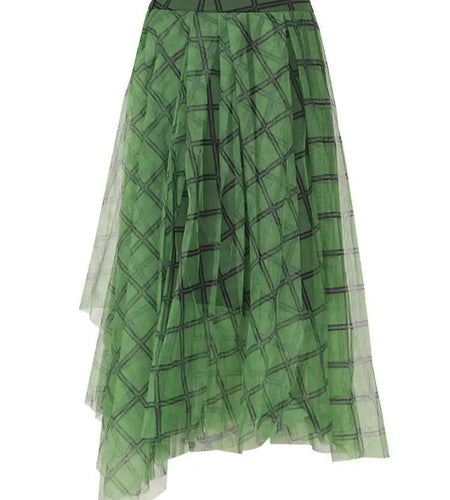 High Elastic Waist Green Plaid Irregular Long Casual Half-body Skirt Women Fashion Tide New Spring Autumn 2025 2A47406