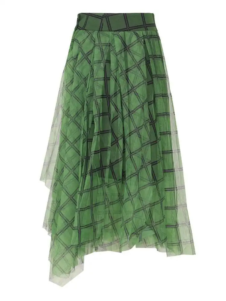 High Elastic Waist Green Plaid Irregular Long Casual Half-body Skirt Women Fashion Tide New Spring Autumn 2025 2A47406