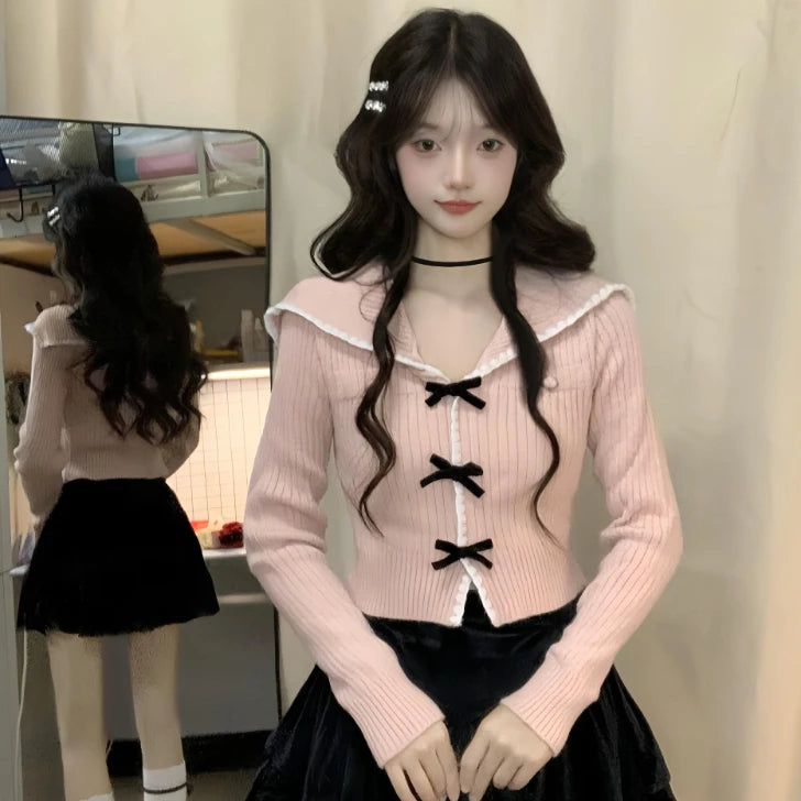 Sweet Y2k Aesthetic Sailor Collar Women's Cardigans Harajuku Slim Fit Patchwork Coats 2025 Autumn Fairy Grunge Bow Crop Tops