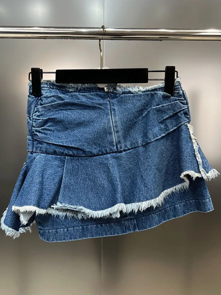Denim Skirts For Women High Waist Folds Mini Solid Summer Elegant Y2K Temperament Skirt Female Fashion Clothing