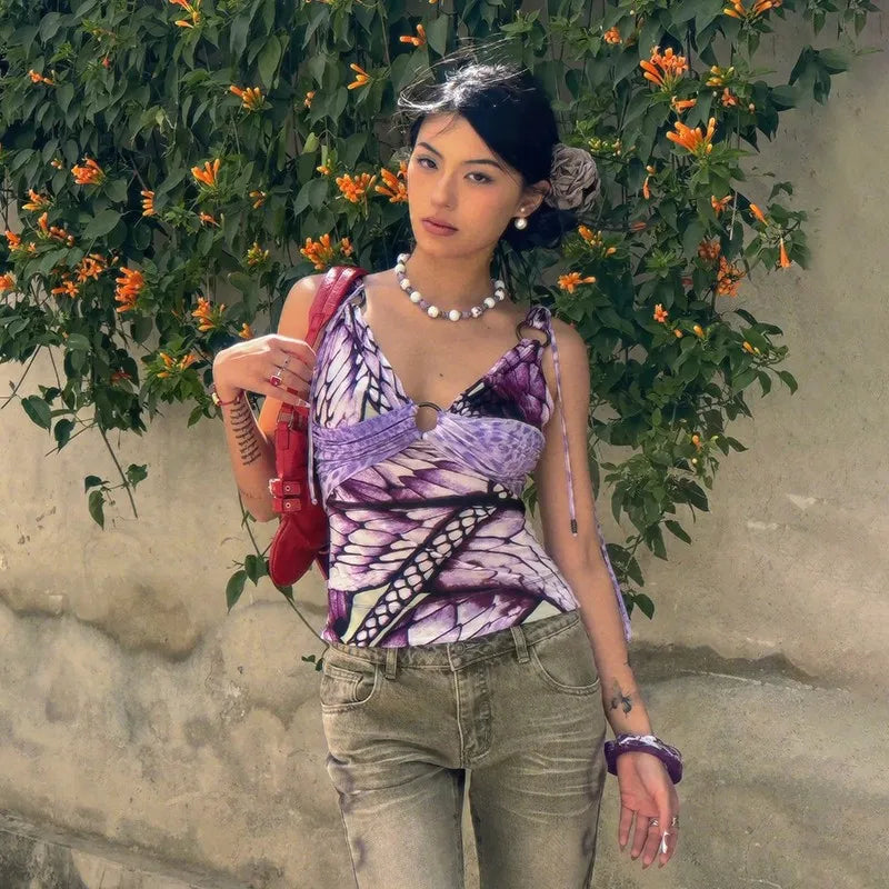 Japanese Y2k Purple Camisole Trashy 2000s V-neck Tank Top Grunge Aesthetics Backless Crop Top Vintage Harajuku Camis Top