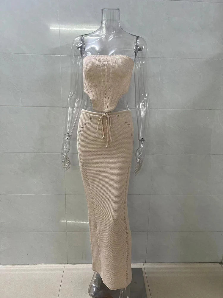 Elegant Knit Skirt Two Piece Sets Women Strapless Bandage Crop Tops And Maxi Skirt Femme Lace Up Sexy Ttwo Piece Sets