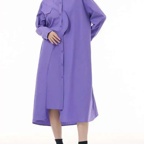 Load image into Gallery viewer, Women Purple Irregular Spliced Big Size Shirt Dress New Lapel Long Sleeve Loose Fit Fashion Spring Autumn 2025 1DH0654
