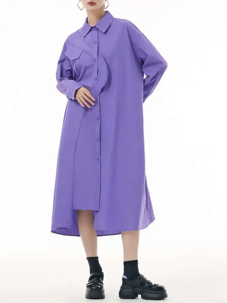 Women Purple Irregular Spliced Big Size Shirt Dress New Lapel Long Sleeve Loose Fit Fashion Spring Autumn 2025 1DH0654