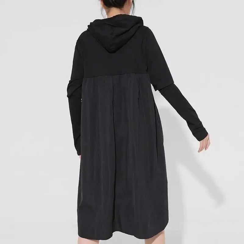 Women Black Drawstring Hollow Out Big Size Irregular Dress New Hooded Long Sleeve Fashion Tide Spring Autumn 2025 JD076