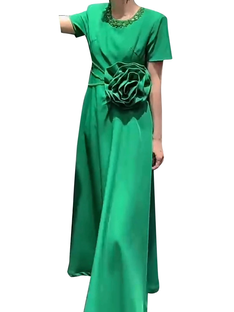 Solid Spliced Appliques Slimming Dreeses For Women O Neck Short Sleeve High Waist Temperament Dress Female Fashion