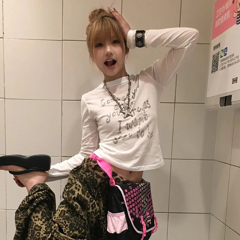 Japanese Y2k Letter Print T-shirt Trashy 2000s Style Long Sleeve T Shirt Vintage Harajuku Distressed Tops American Retro