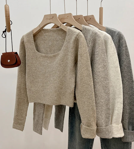 Korean Fashion Women's Solid Long Sleeve Square Neck Knitted Sweater 2024 Autumn Winter New Holiday Short Tops Casual Simplicity
