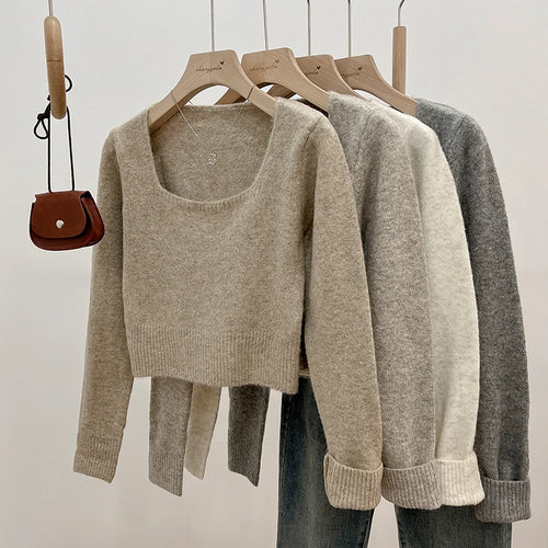 Load image into Gallery viewer, Korean Fashion Women's Solid Long Sleeve Square Neck Knitted Sweater 2024 Autumn Winter New Holiday Short Tops Casual Simplicity
