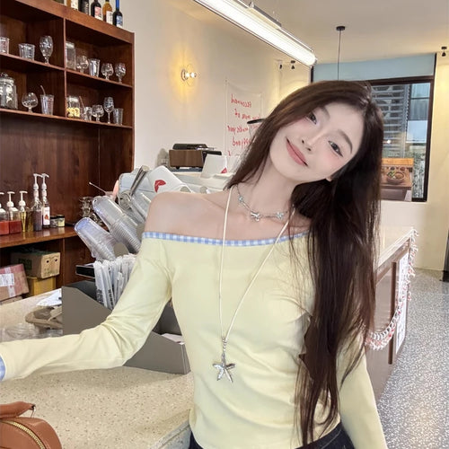 Load image into Gallery viewer, Women Streetwear Vintage Plaid Patchwork Tees Y2k Aesthetic Skew Collar Casual Loose T Shirts Spring Harajuku Grunge Crop Tops
