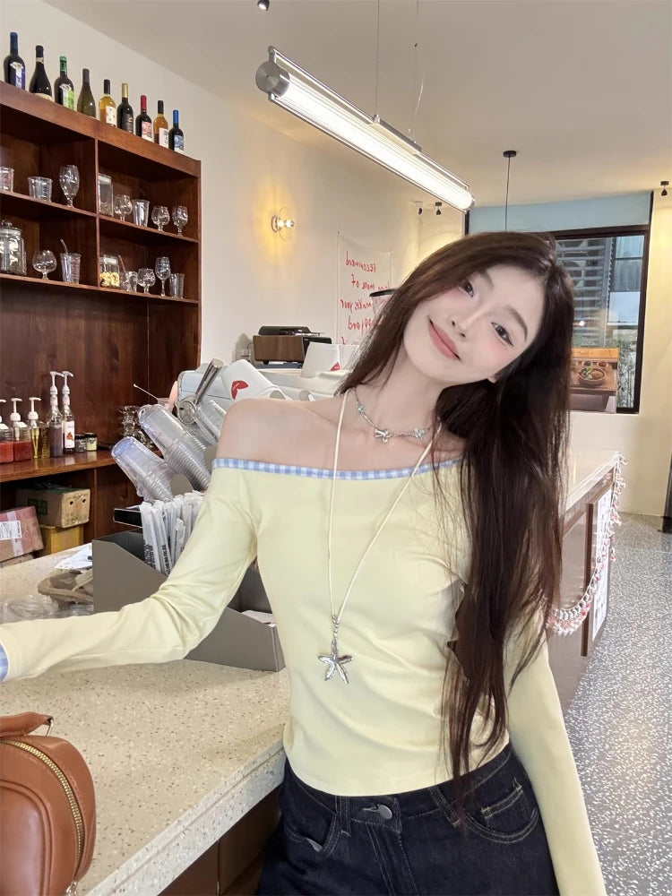 Women Streetwear Vintage Plaid Patchwork Tees Y2k Aesthetic Skew Collar Casual Loose T Shirts Spring Harajuku Grunge Crop Tops