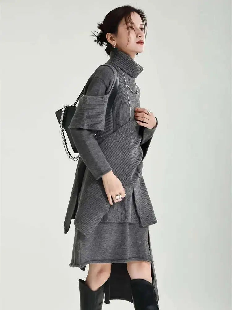 Women Gray Irregular Design Knitting Dress New Turtleneck Long Sleeve Loose Fit Fashion Tide Spring Autumn 2025 1DF2618