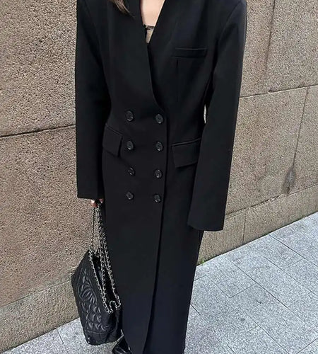 Women Black Brief Double Breasted Long Elegant Blazer New Lapel Long Sleeve Jacket Fashion Tide Spring Autumn 2025 1LD1678