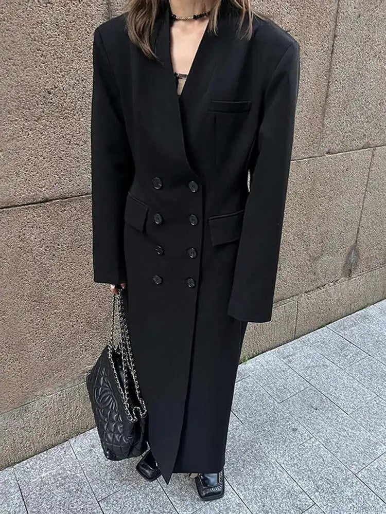 Women Black Brief Double Breasted Long Elegant Blazer New Lapel Long Sleeve Jacket Fashion Tide Spring Autumn 2025 1LD1678