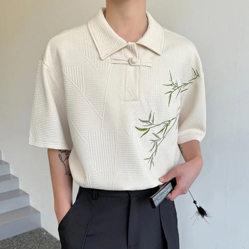 Load image into Gallery viewer, Men&#39;s T-shirt Summer New Chinese Style Bamboo Embroidery Button Short Sleeve Lapel Trendy Loose Pullover Top 9C5776
