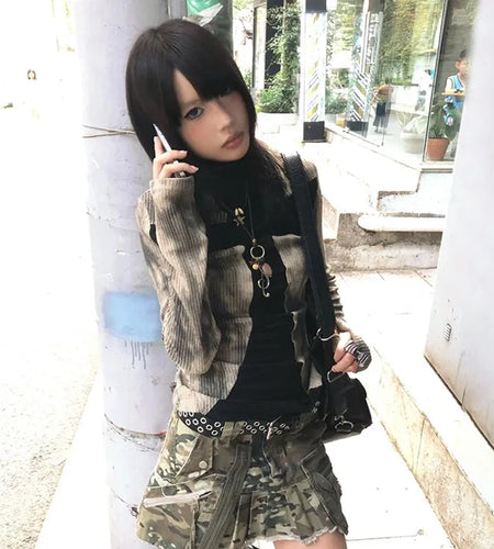 Japanese Y2k Ribbed Tops Vintage Harajuku Cross Print T-shirt Grunge Aesthetics Long Sleeve Patchwork Tops Trashy 2000s