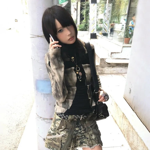 Japanese Y2k Ribbed Tops Vintage Harajuku Cross Print T-shirt Grunge Aesthetics Long Sleeve Patchwork Tops Trashy 2000s