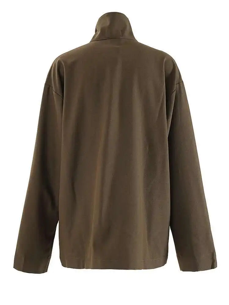 Women Brown Button Big Size Elegant Blouse New Stand Collar Long Sleeve Shirt Fashion Tide Spring Autumn 2025 CPG2267