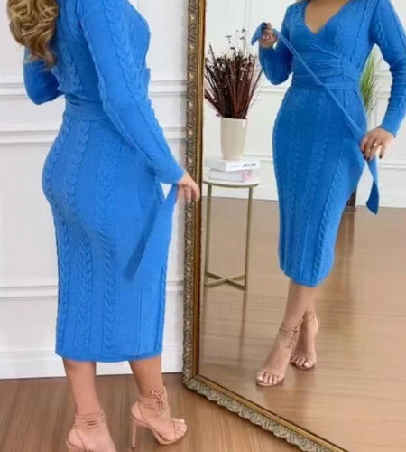 Fall Women’s Blue Stretch Knit Bodycon Midi Dress Business Casual Outfits Long Sleeves Sweater Belt Dresses Woman