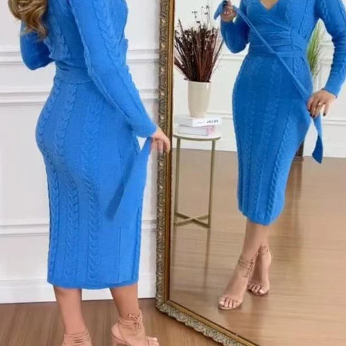 Load image into Gallery viewer, Fall Women’s Blue Stretch Knit Bodycon Midi Dress Business Casual Outfits Long Sleeves Sweater Belt Dresses Woman
