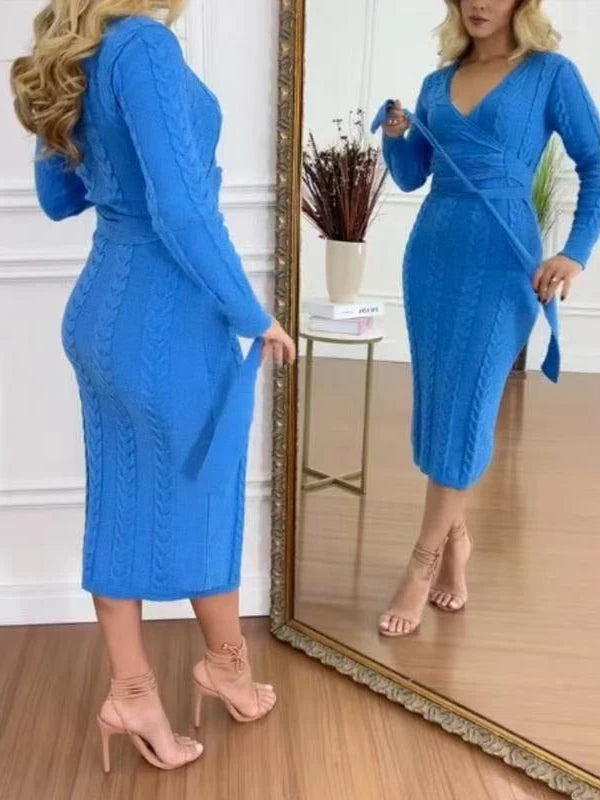 Fall Women’s Blue Stretch Knit Bodycon Midi Dress Business Casual Outfits Long Sleeves Sweater Belt Dresses Woman