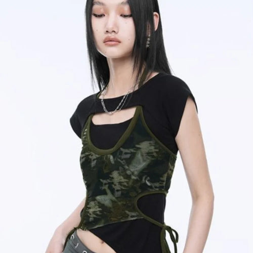 Load image into Gallery viewer, Fake Two Piece Halter Bandage Vest Women Summer Korean Fashion Crop Top Y2k Aesthetic Solid Tee Shirt Femme Hollow Out Camisetas
