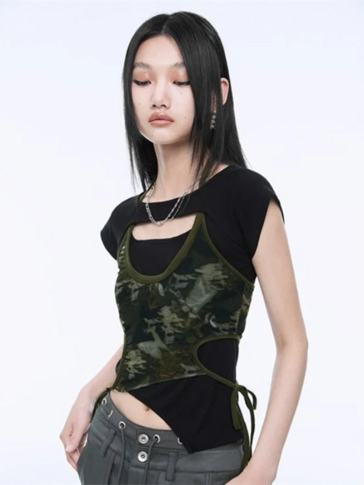 Fake Two Piece Halter Bandage Vest Women Summer Korean Fashion Crop Top Y2k Aesthetic Solid Tee Shirt Femme Hollow Out Camisetas