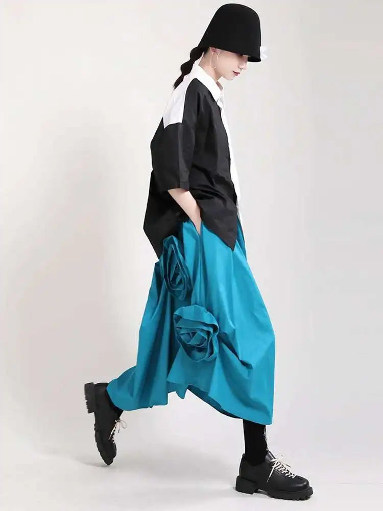 High Elastic Waist Blue Three Dimensional Flower Pleated Half-body Skirt Women Fashion New Spring Autumn 2025 1DF5749