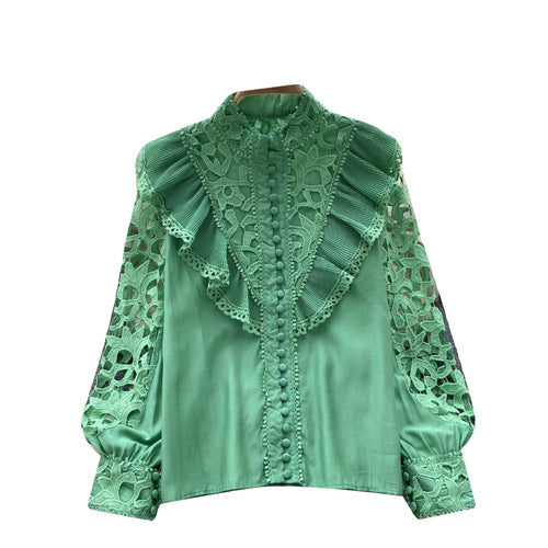 Load image into Gallery viewer, Women's Vintage Sweet Solid Long Sleeved Ruffle Edge Lace Shirt Y2k Korean Fashion Tide Autumn Winter 2023 Hollowed Out Tops New
