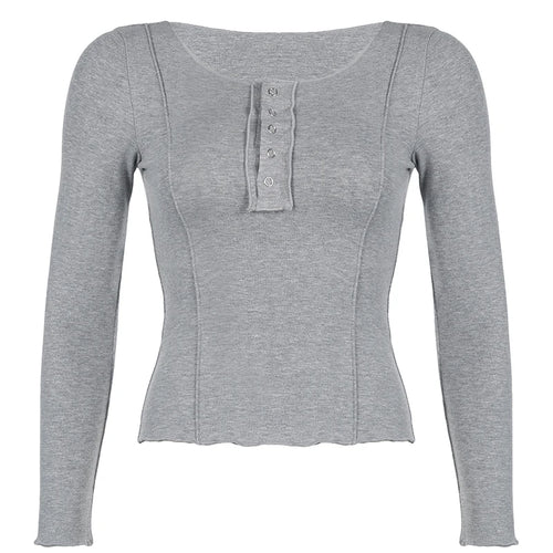 Load image into Gallery viewer, Chic Stitching Bodycon Grey Fall T-shirts Women Knitted Frill Trim Long Sleeve Y2K Aesthetics Top Tees Solid Clothes
