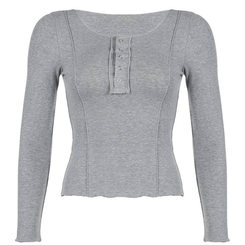 Chic Stitching Bodycon Grey Fall T-shirts Women Knitted Frill Trim Long Sleeve Y2K Aesthetics Top Tees Solid Clothes