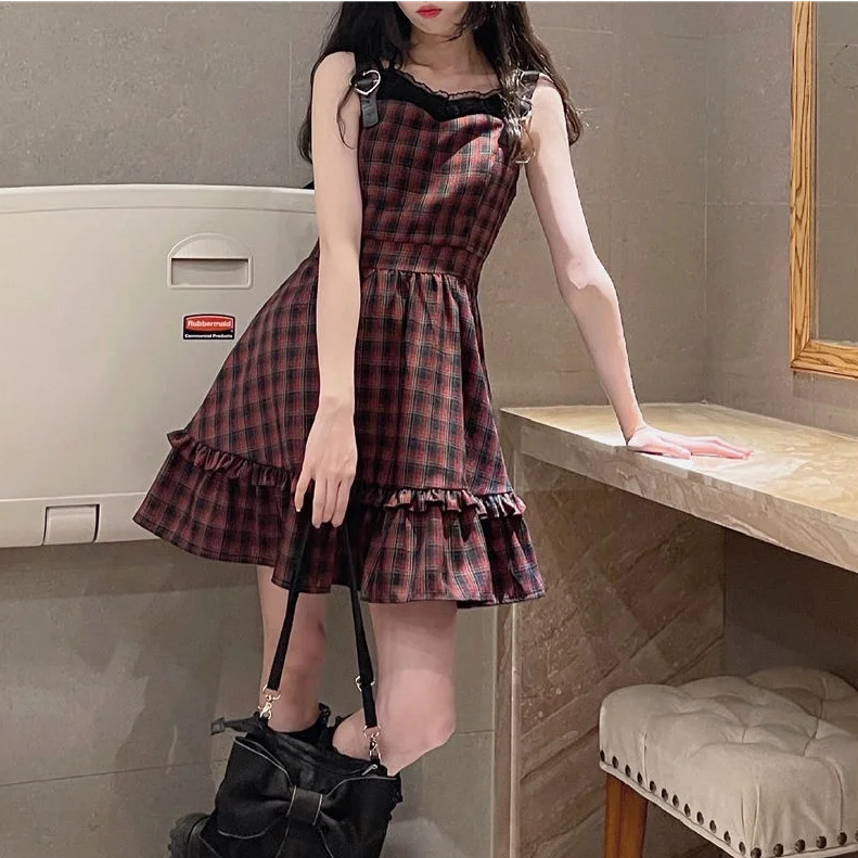 Plaid Dress Sets Women Outfits Black Lace Up Long Sleeve Cardigan Teen Girls Ruffles Sweet High Waist Sleeveless Dresse
