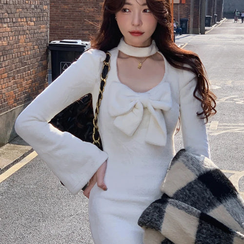 Load image into Gallery viewer, Knit Knitted Bodycon Dress Autumn Winter Sexy Wrap Slim Long Sleeve Mini Short Dresses Women Bow Outfits Female
