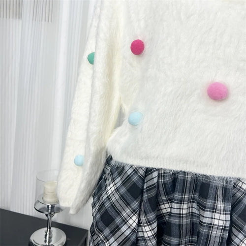 Load image into Gallery viewer, Autumn Winter White Mink Hairball Decoration Short Knitted Sweater Women Round Neck Vacation Long Sleeves Pullover Tops Street

