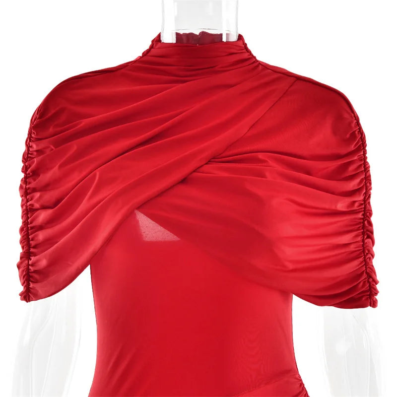 Half Sleeve Backless Ruched Sexy Maxi Dress Women Summer New Turtleneck Slim High Waist Evening Club Party Long Dress