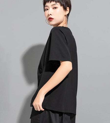 Women Black Irregular Hem Big Size Casual T-shirt New Round Neck Short Sleeve Fashion Tide Spring Summer 2025 1DJ1770