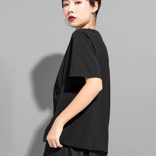 Load image into Gallery viewer, Women Black Irregular Hem Big Size Casual T-shirt New Round Neck Short Sleeve Fashion Tide Spring Summer 2025 1DJ1770
