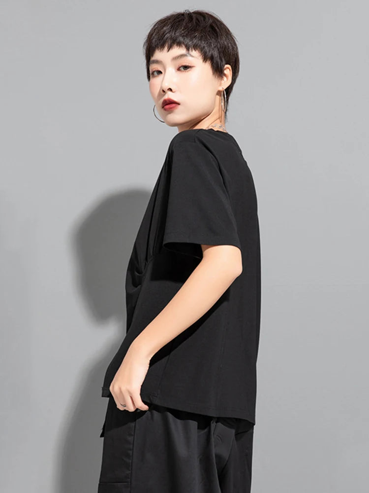 Women Black Irregular Hem Big Size Casual T-shirt New Round Neck Short Sleeve Fashion Tide Spring Summer 2025 1DJ1770