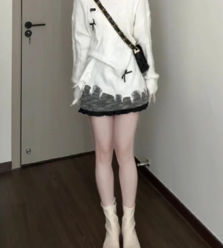 Y2k Aesthetic Hole Autumn Women Sweaters Casual Loose Bow Grunge Knitted Simple Pullovers 2025 Harajuku Solid Tops Pull Femme