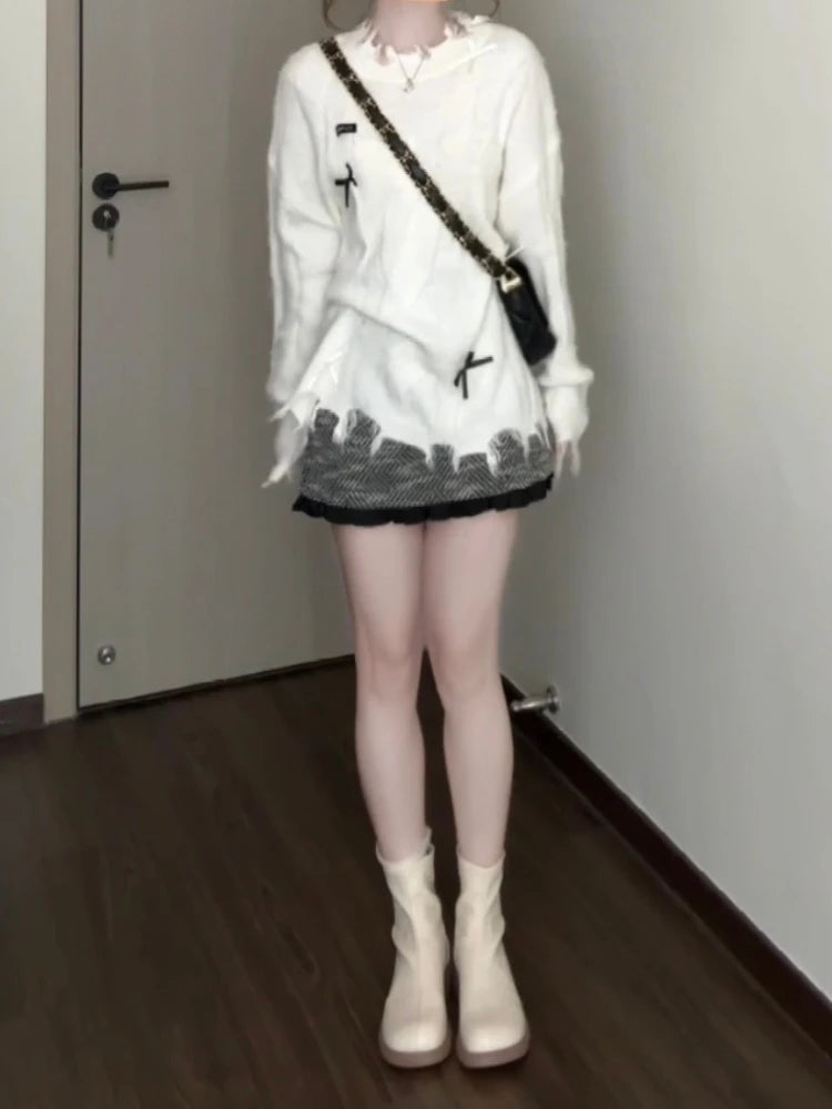 Y2k Aesthetic Hole Autumn Women Sweaters Casual Loose Bow Grunge Knitted Simple Pullovers 2025 Harajuku Solid Tops Pull Femme