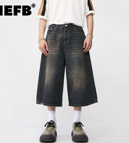 Korean Style Vintage Men's Jeans Summer Loose Male Wide Leg Knee Length Shorts Washed Fashion Denim Trouser 9A8825