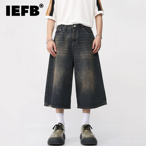 Load image into Gallery viewer, Korean Style Vintage Men&#39;s Jeans Summer Loose Male Wide Leg Knee Length Shorts Washed Fashion Denim Trouser 9A8825
