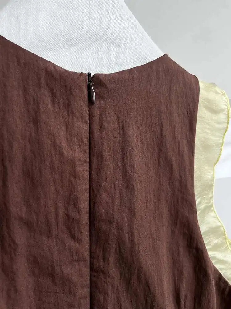 Women Coffee Color-block Elegant Long Vest Dress New Round Neck Sleeveless Fashion Tide Spring Summer 2025 1DJ0743