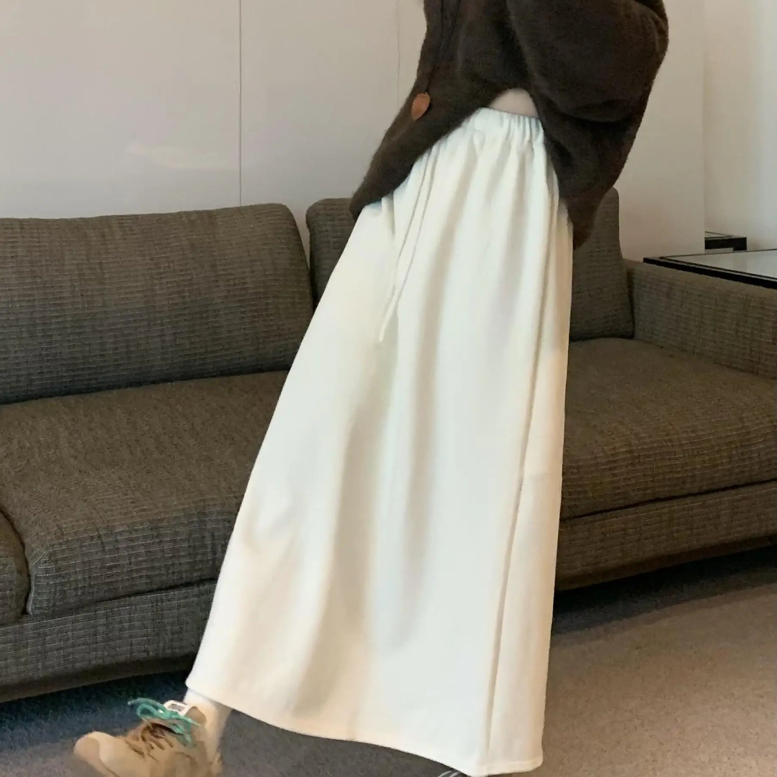 Autumn Winter New Solid Velvet High Waist Long Skirt Women Korean Fashion Elegant Vacation Drawstring Lace-up A-line Thick Skirt