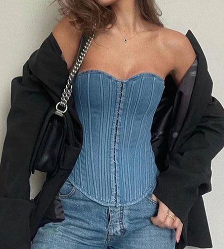 Corset Denim Top Women y2k Clothing Solid Color Off Shoulder Strapless Sleeveless Bandeau Vest 2000s Clothes Streetwear