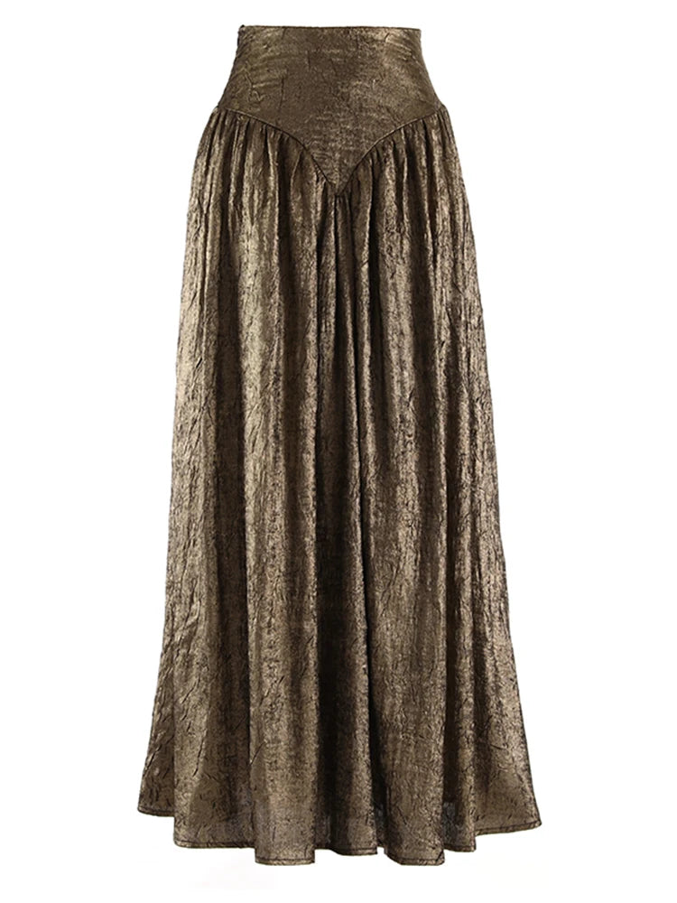 Women Dark Gold Color Pleated Elegant Long A-line Half-body Skirt High Wais Fashion Tide New Spring Autumn 2025 1DF9488