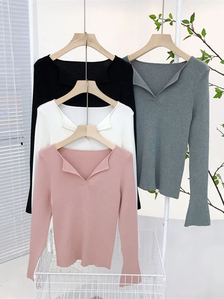 Spring Women Sweater Knitwear V-neck Basic Base Shirt Top Pure Color All-match Knitwear Autumn Winter B-089