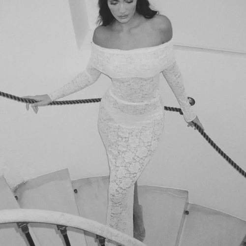 Load image into Gallery viewer, Elegant Lace Patchwork Long Sleeved Two Piece Set Women Slim Fit One Line Neck Top Tight Long Skirt Set Party Clubwear
